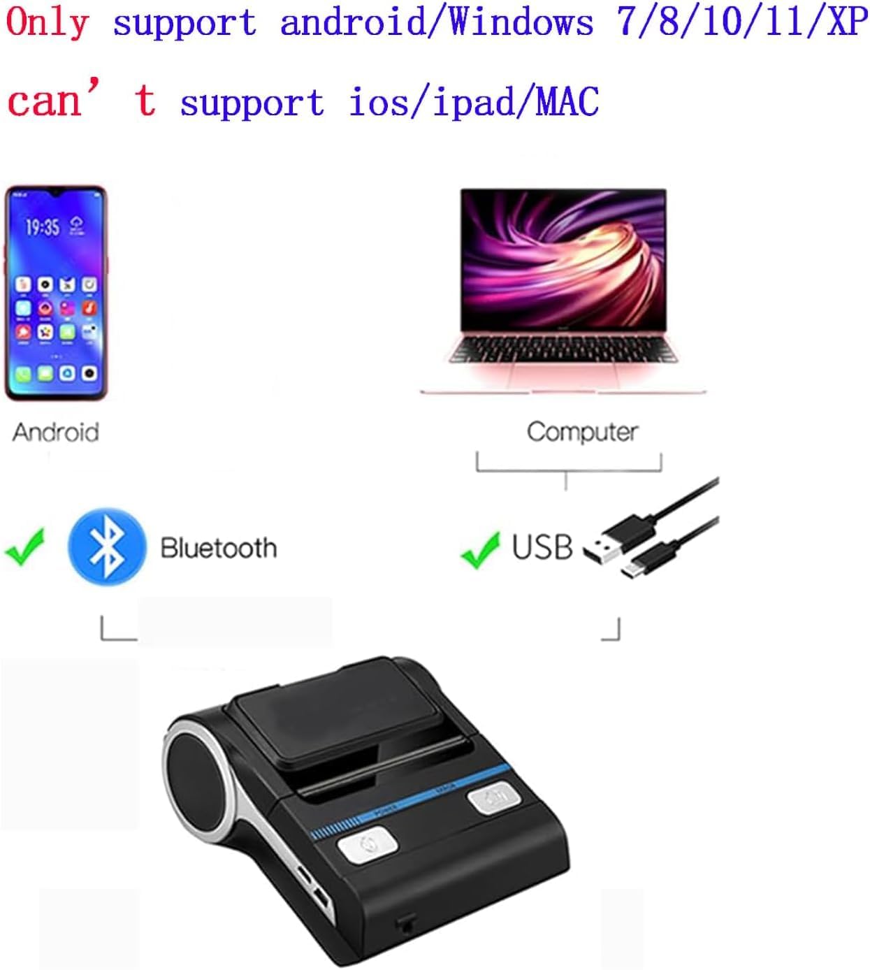 IS NOT compatible with iphone/ipad/MAC,80mm bluetooth portable thermal receipt printer,only compatible with