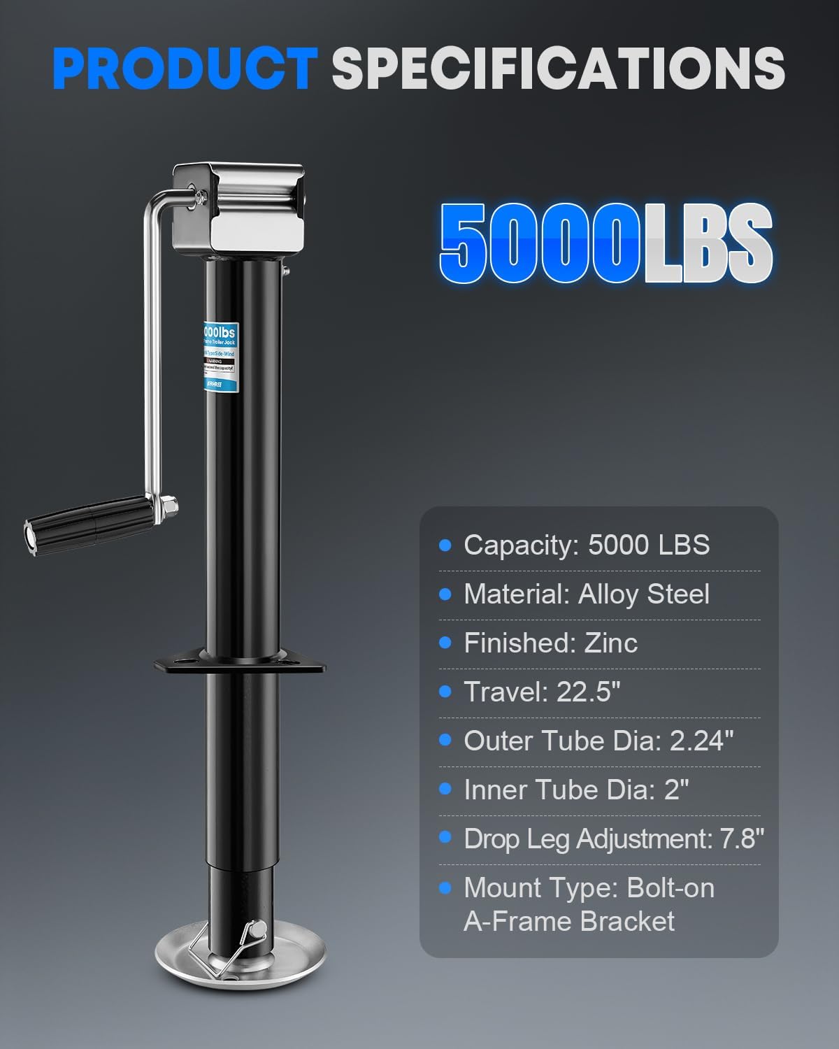 5000 lbs A-Frame Trailer Jack, 22.5" Lifting, Adjustable Drop Leg