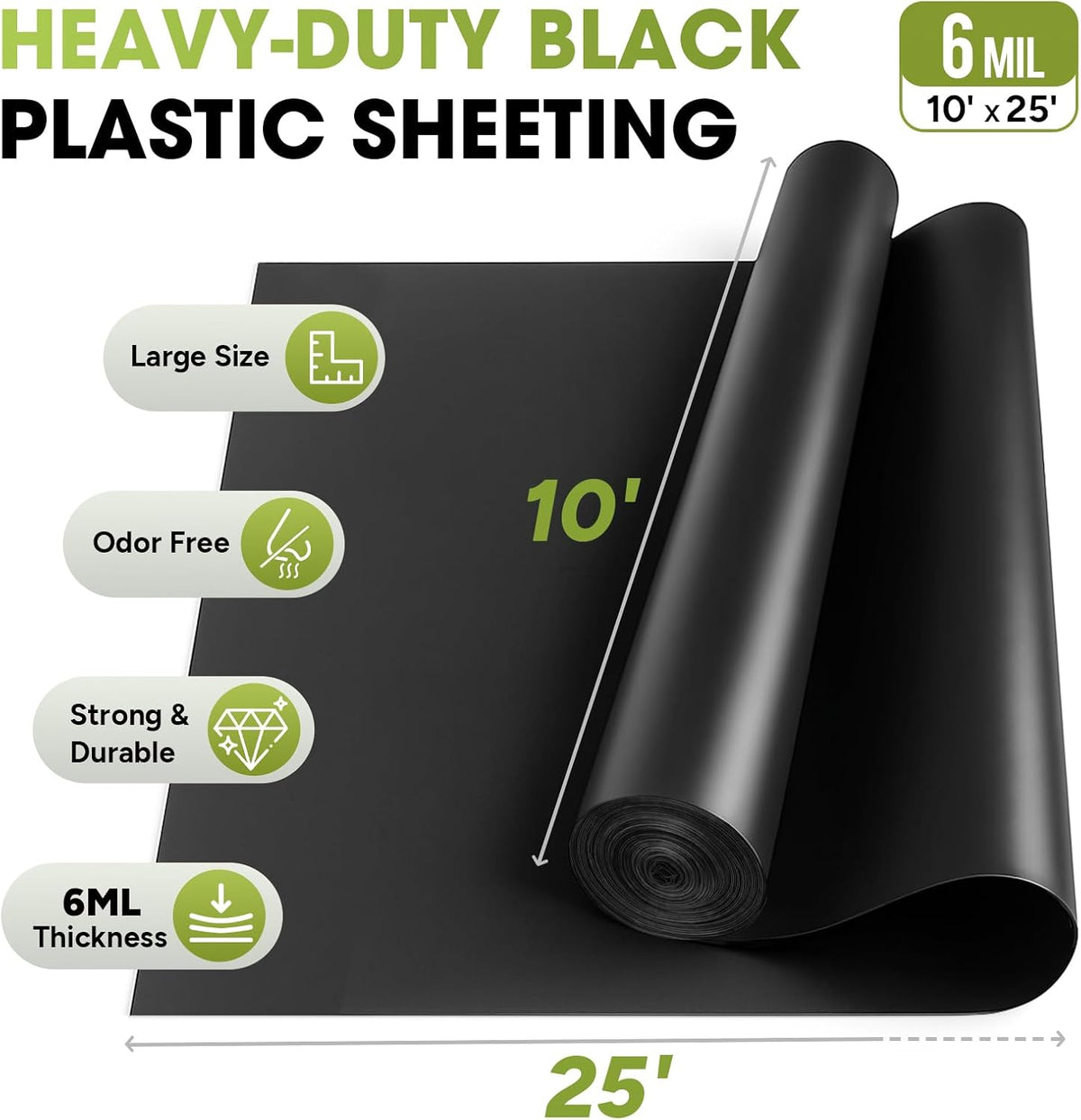 6 Mil Black Plastic Sheeting 10x25 FT – UV Protection Poly Sheeting Polyethylene Film, Black Plastic Rolls for