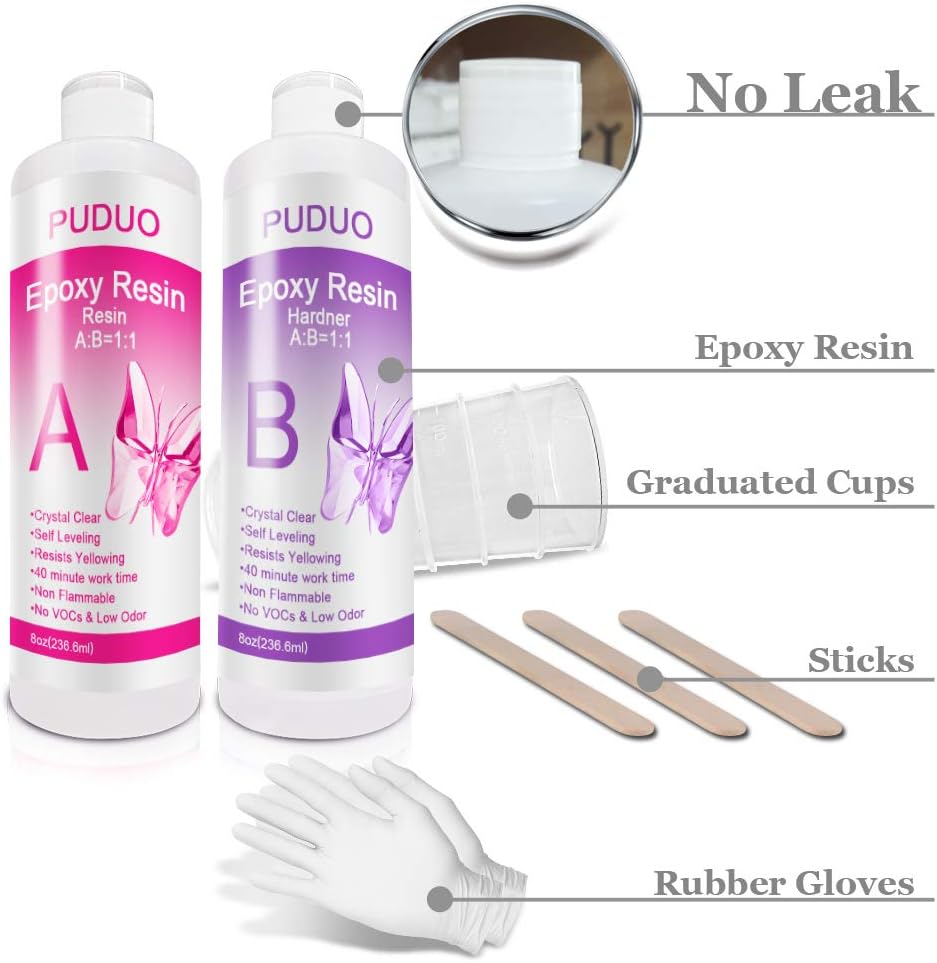 Epoxy Resin Crystal Clear Kit for Art, Jewelry, Crafts, Coating- 16 OZ Including 8OZ Resin and 8OZ Hardener | Bonus 4