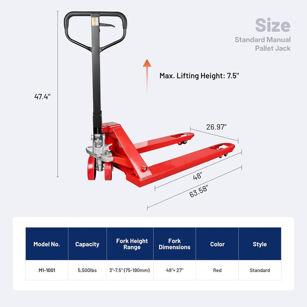 Manual Pallet Jack – Standard Duty Manual Forklift, 5500 lbs Capacity, 48" L x 27" W Forks, Durable PU Wheels