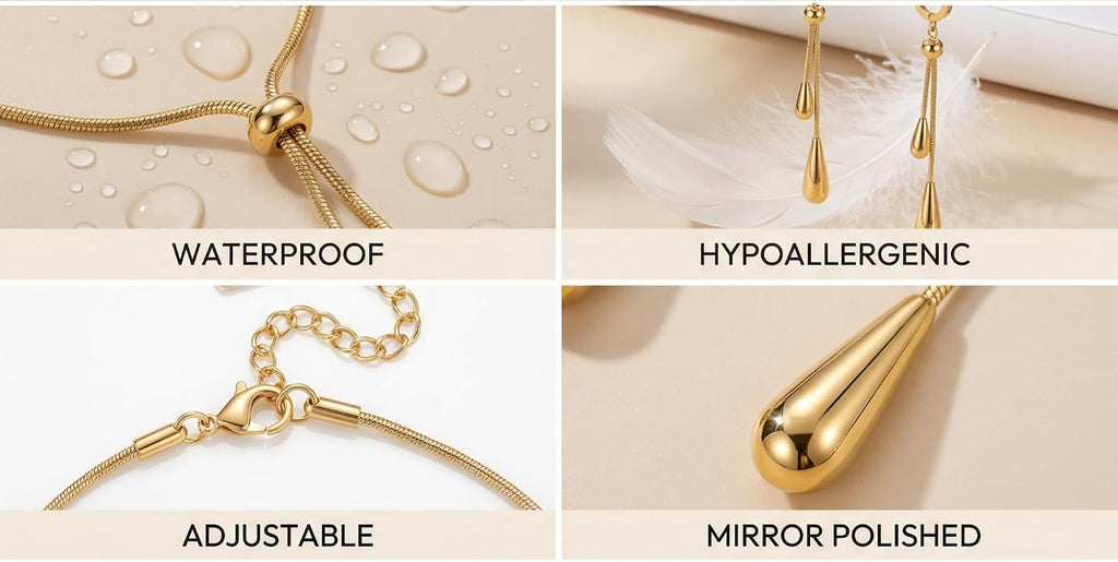 Gold Plated Teardrop Jewelry Set for Women - Hypoallergenic Adjustable Lariat Necklace & Earrings - Minimalist