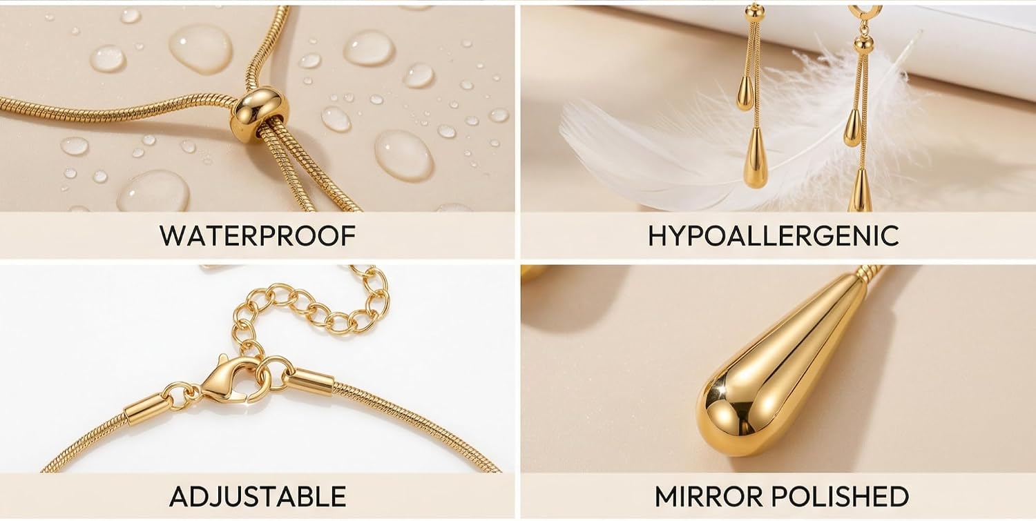 Gold Plated Teardrop Jewelry Set for Women - Hypoallergenic Adjustable Lariat Necklace & Earrings - Minimalist