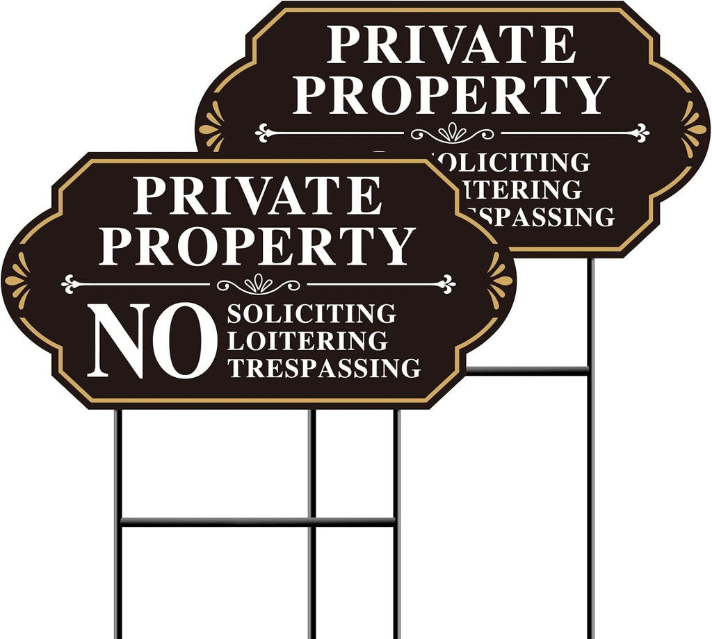 Private Property No Soliciting Sign for House, No Soliciting Yard Sign, 2-Pack 14"x7" Double-Sided H-Stake Metal