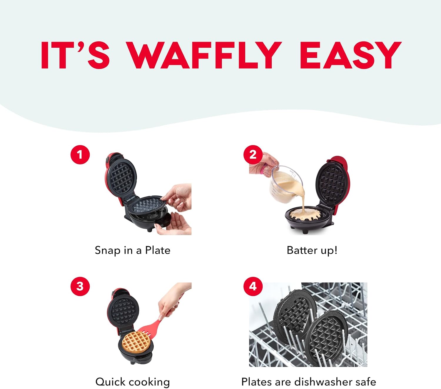 MultiMaker Mini Waffle Maker, Removable Waffle & Griddle Plates, Red | Mini Pancake Maker for Kids; Interchangeable