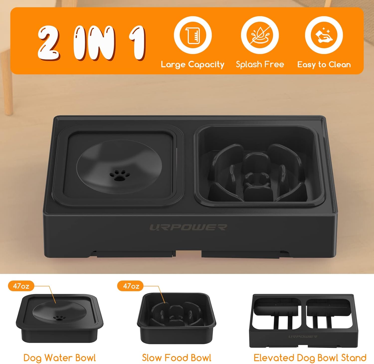 2-in-1 Elevated Slow Feeder Dog Bowls with No-Spill Water Bowl, 4 Height-Adjustable Raised Dog Bowls, Non-Slip Food