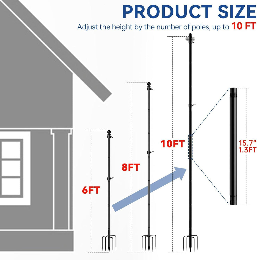 10 FT Flag Pole in Ground, Heavy Duty Flag Pole Holder for Outside House with 5 Pronges Base, Extra Thick Flag Pole