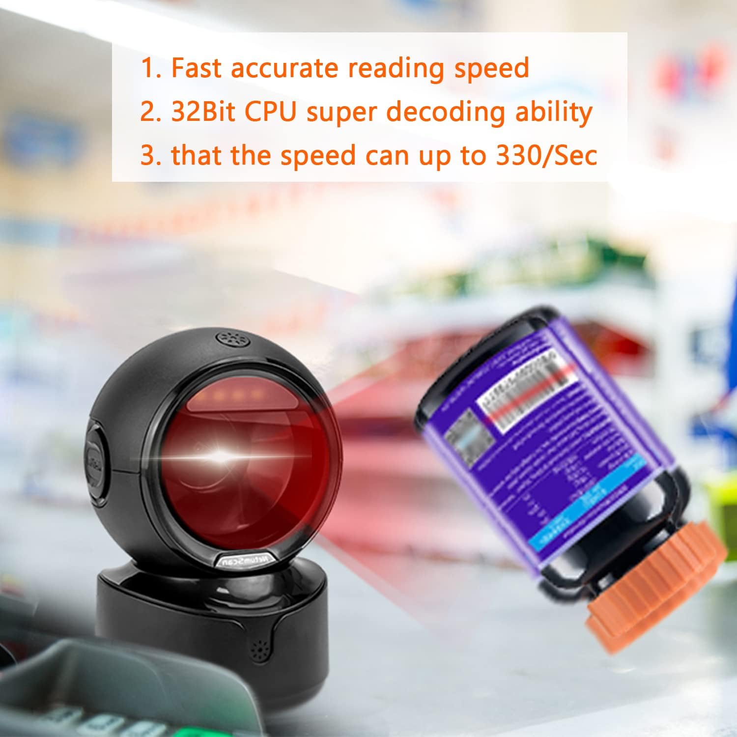 Desktop Barcode Scanner, USB QR Code Reader | Hands-free omnidirectional scanning for 1D, 2D and QR codes in