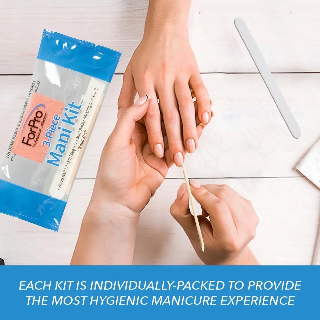 ForPro 3-Piece Mani Kit, 100-Count, Individually-Packed Manicure Set, White Wood Nail File 80/100 Grit, Orange Mini