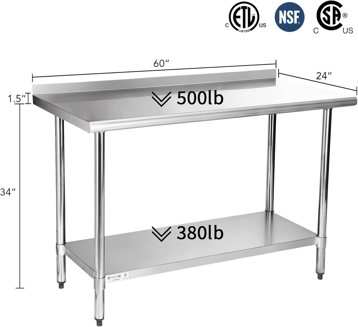 Stainless Steel Table with Backsplash 60x24 Inches 5ft for Prep