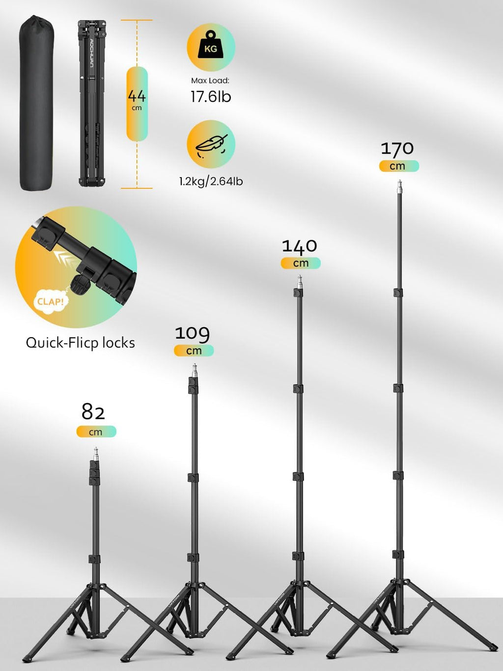 1.7M Complete Camera Tripod for Smartphones Camera Gimbal Stabilizers w/ 0.44m ~1.7m Aluminum Alloy Lighting Stand(T20)
