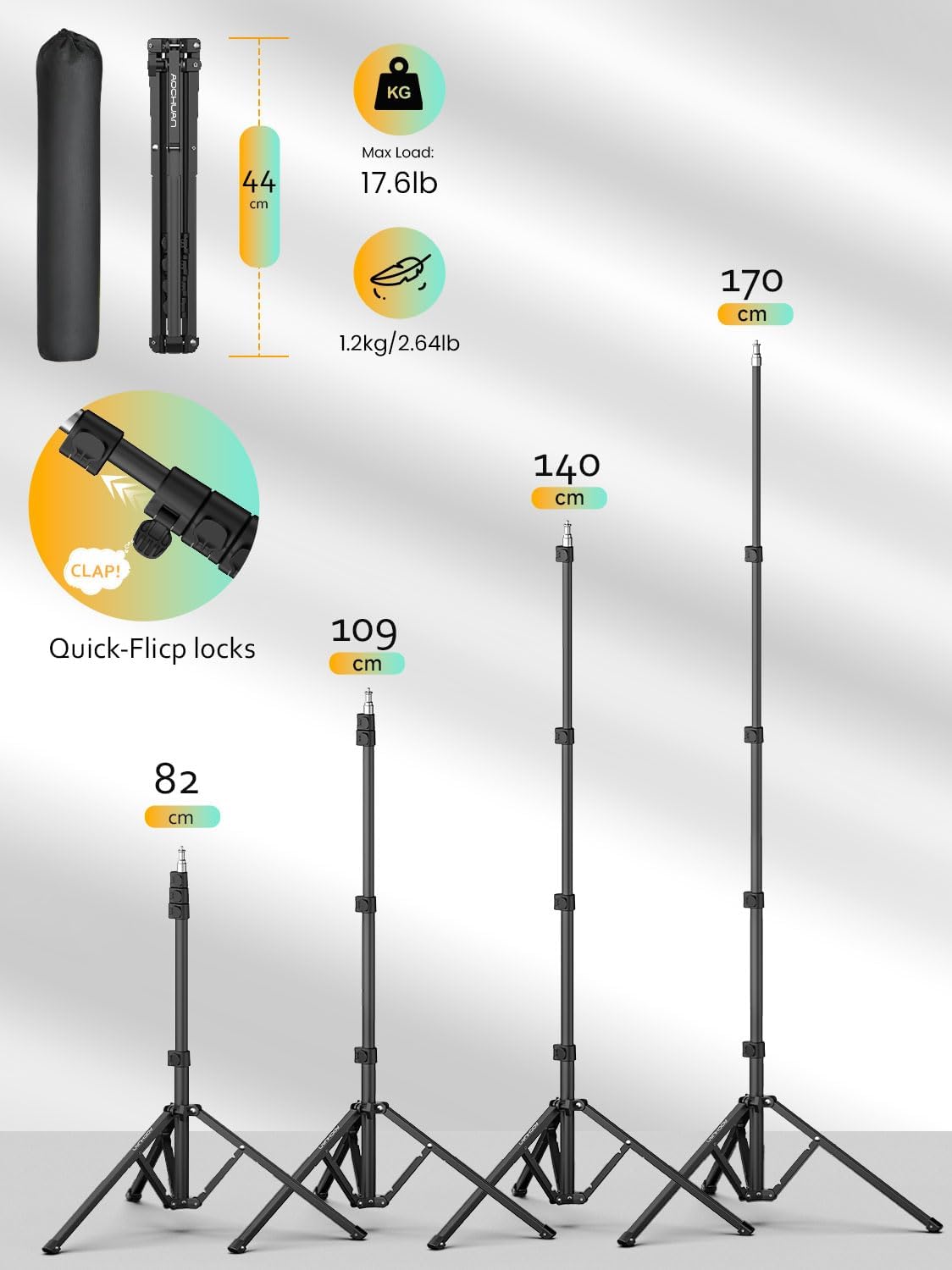 1.7M Complete Camera Tripod for Smartphones Camera Gimbal Stabilizers w/ 0.44m ~1.7m Aluminum Alloy Lighting Stand(T20)