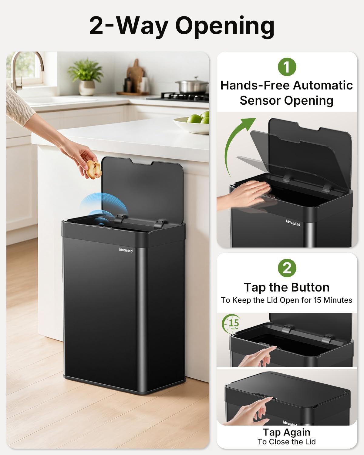 13.2 Gallon Automatic Kitchen Trash Can, Touchless Sensor Garbage Can,Black