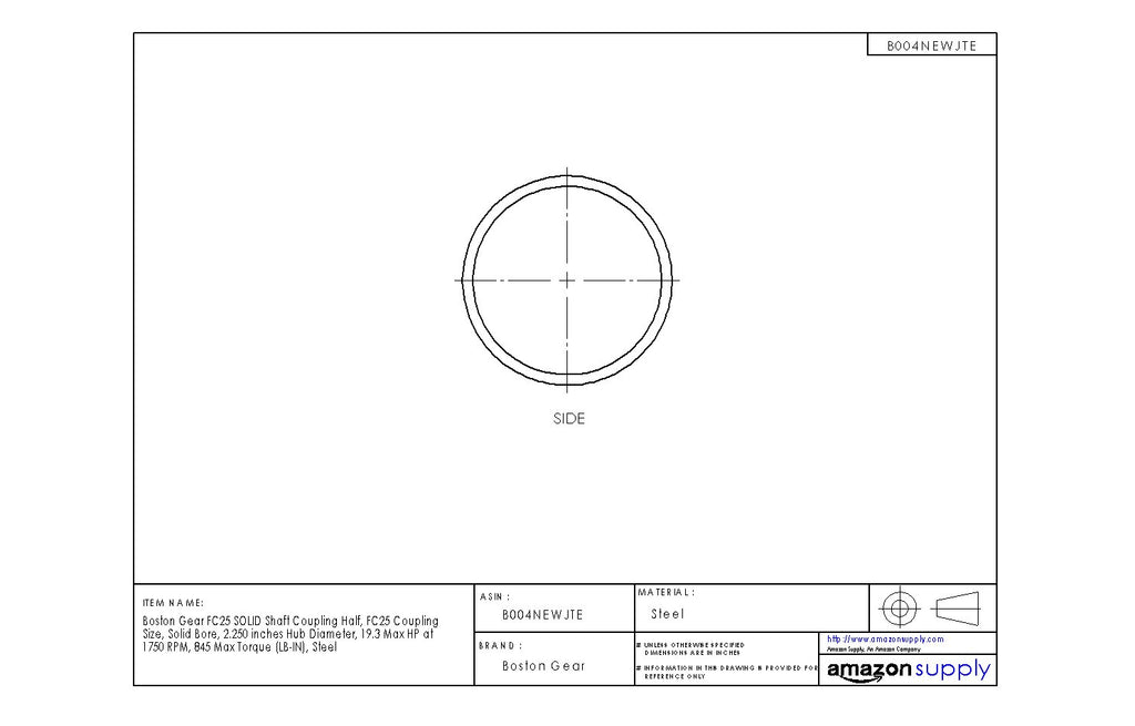 Boston Gear FC25SOLID Shaft Coupling Half, FC25 Coupling Size, Solid Bore, 2.250 inches Hub Diameter, 19.3 Max HP at 1750 RPM, 845 Max Torque (LB-in), Steel