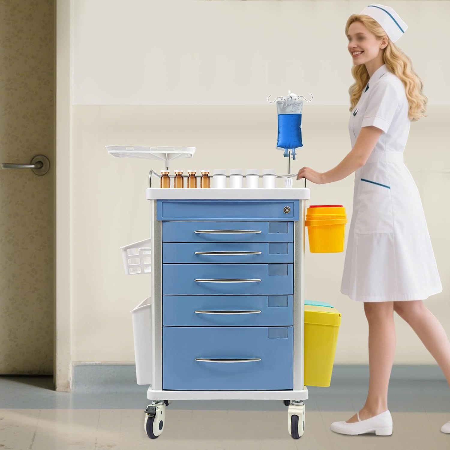 Medical Rolling Crash Cart with Accessories-CPR Board, 2 Trash Bin, Drawers with Dividers, Mobile Medical Cart for