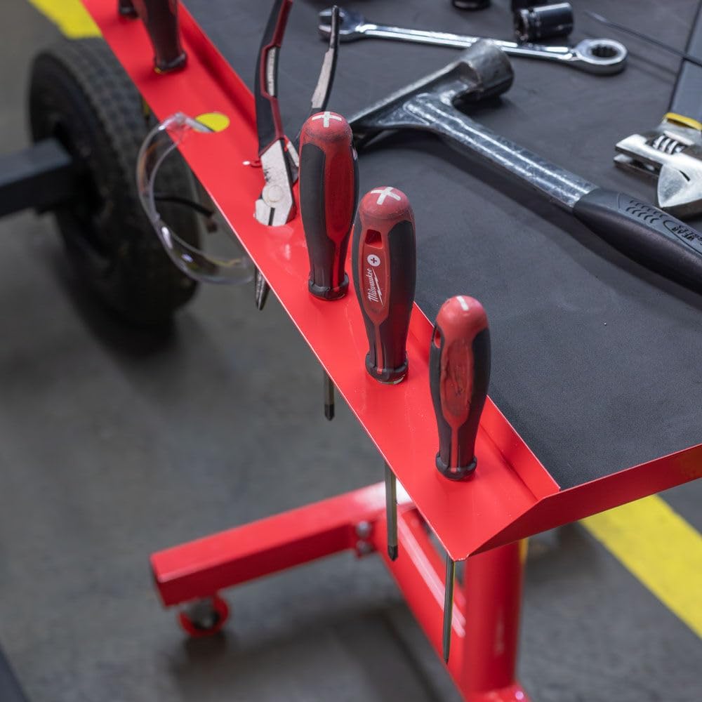 Adjustable Rolling Workshop Table, 200 LB Capacity, Red Finish, Mobile Workstation for Shops, Garages, Repair Shops