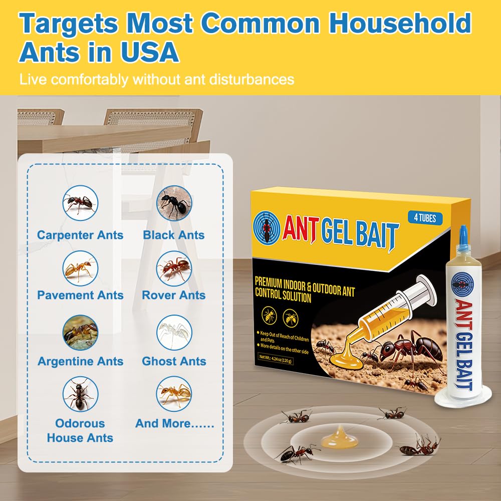 4 x 30 Grams Ant Gel Bait Syringe, 1 Plunger & 4 Tips, Extra Strong Ant Bait Gel for Home Kitchen Bathroom Garage