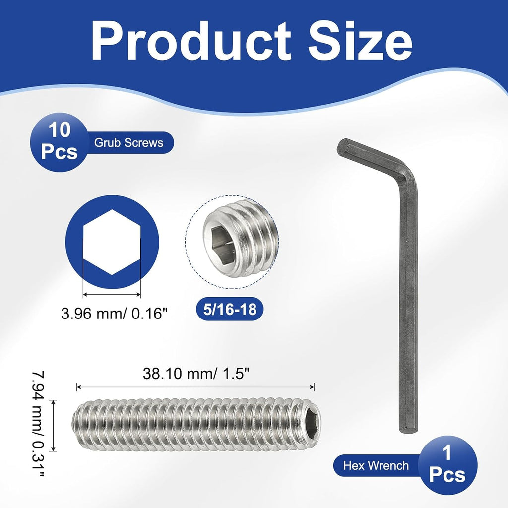 PATIKIL 5/16-18x1-1/2 Hex Socket Grub Screws, 10 Pcs Cup Point Set Screw with Wrench