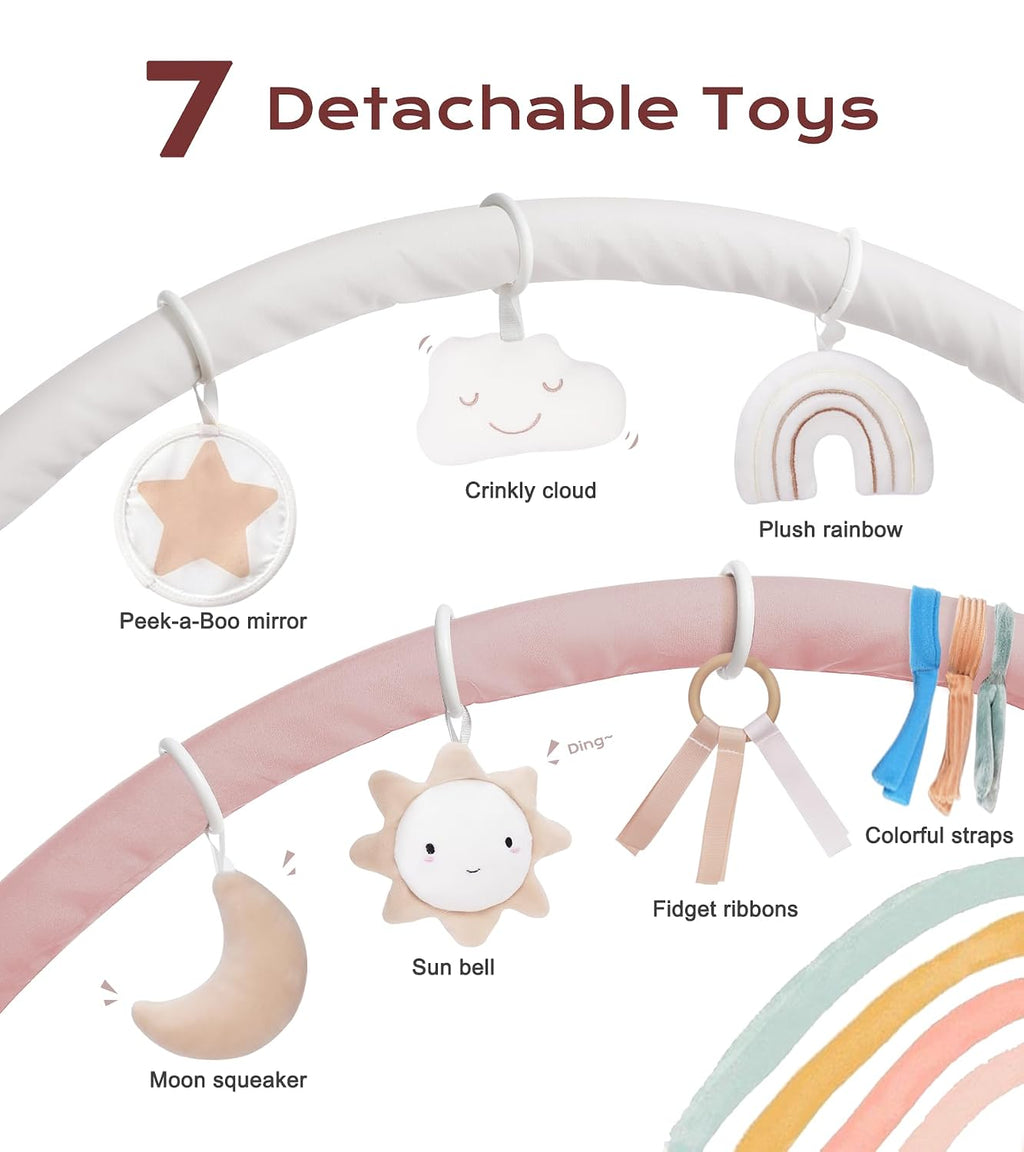 Baby Play Gym Mat, Tummy Time Activity Mat with 7 Detachable Toys and 12 Milestone Cards for Stage-Based Sensory and