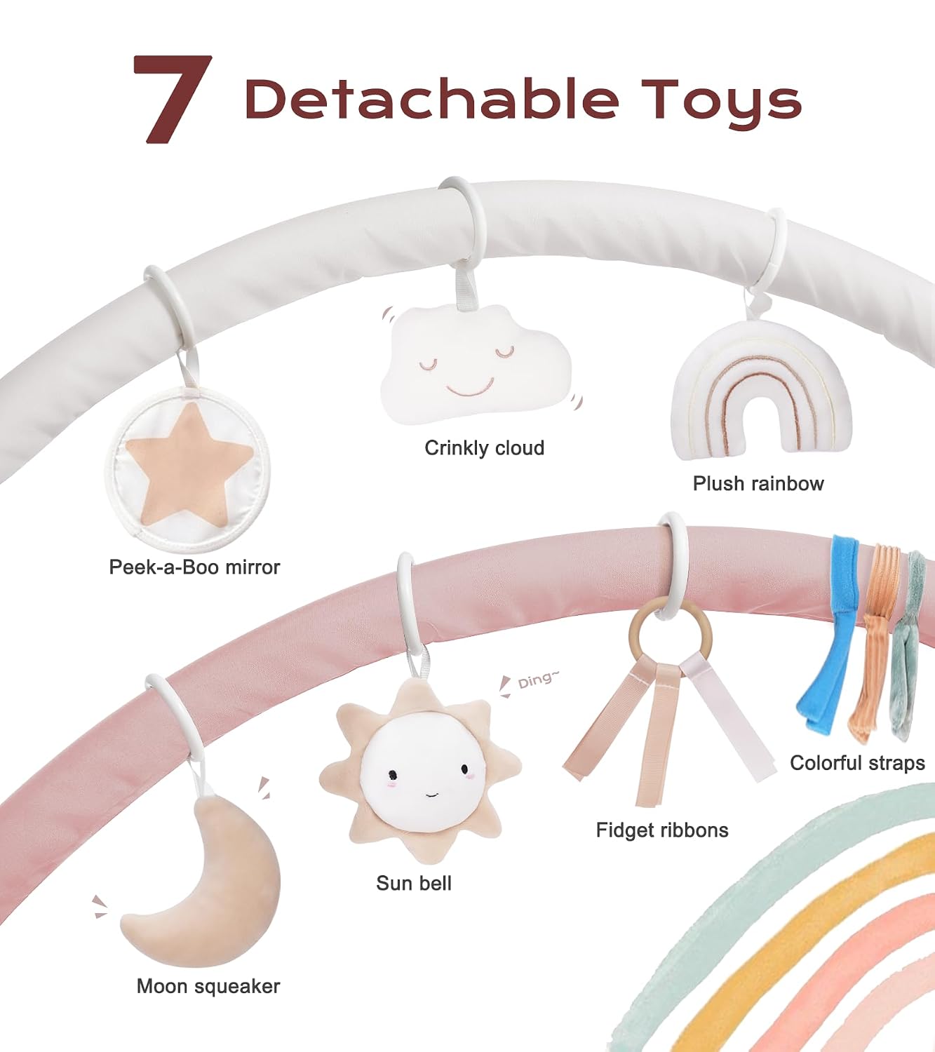 Baby Play Gym Mat, Tummy Time Activity Mat with 7 Detachable Toys and 12 Milestone Cards for Stage-Based Sensory and