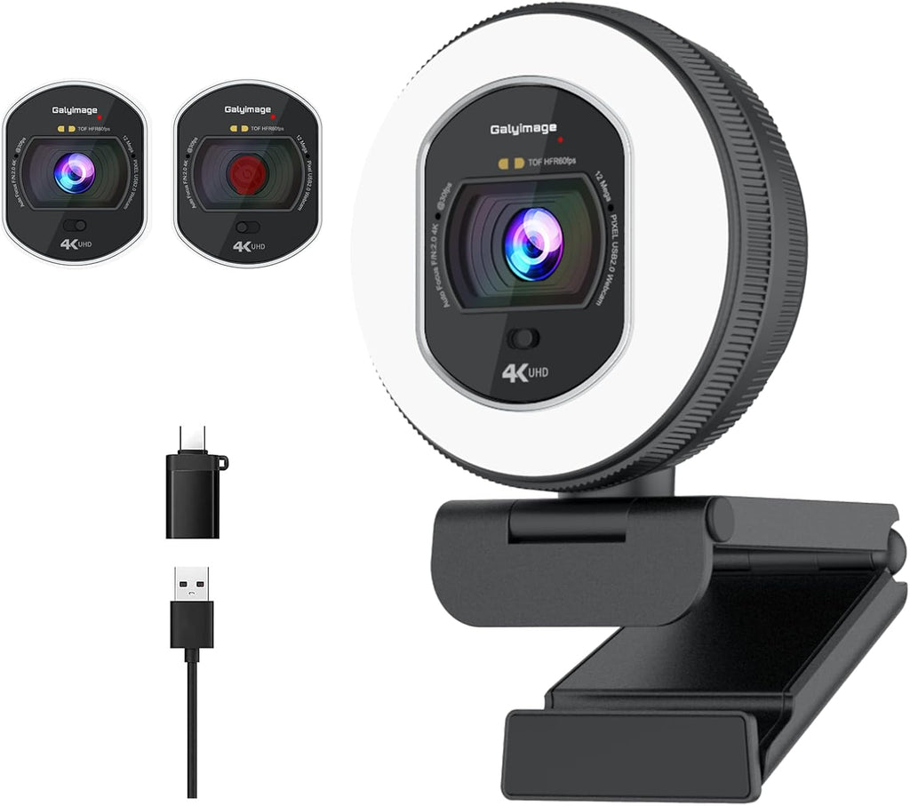 4K Webcam with Ring Light & Built-in Microphone for PC Streaming | PDAF Autofocus,Supports 1080P 60FPS, Comes with