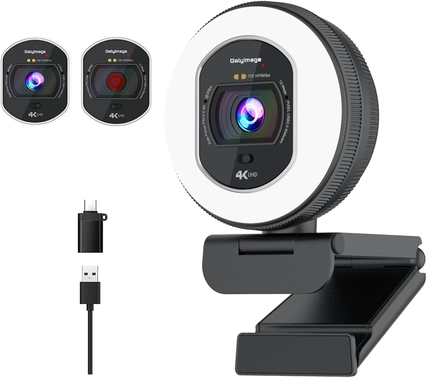4K Webcam with Ring Light & Built-in Microphone for PC Streaming | PDAF Autofocus,Supports 1080P 60FPS, Comes with