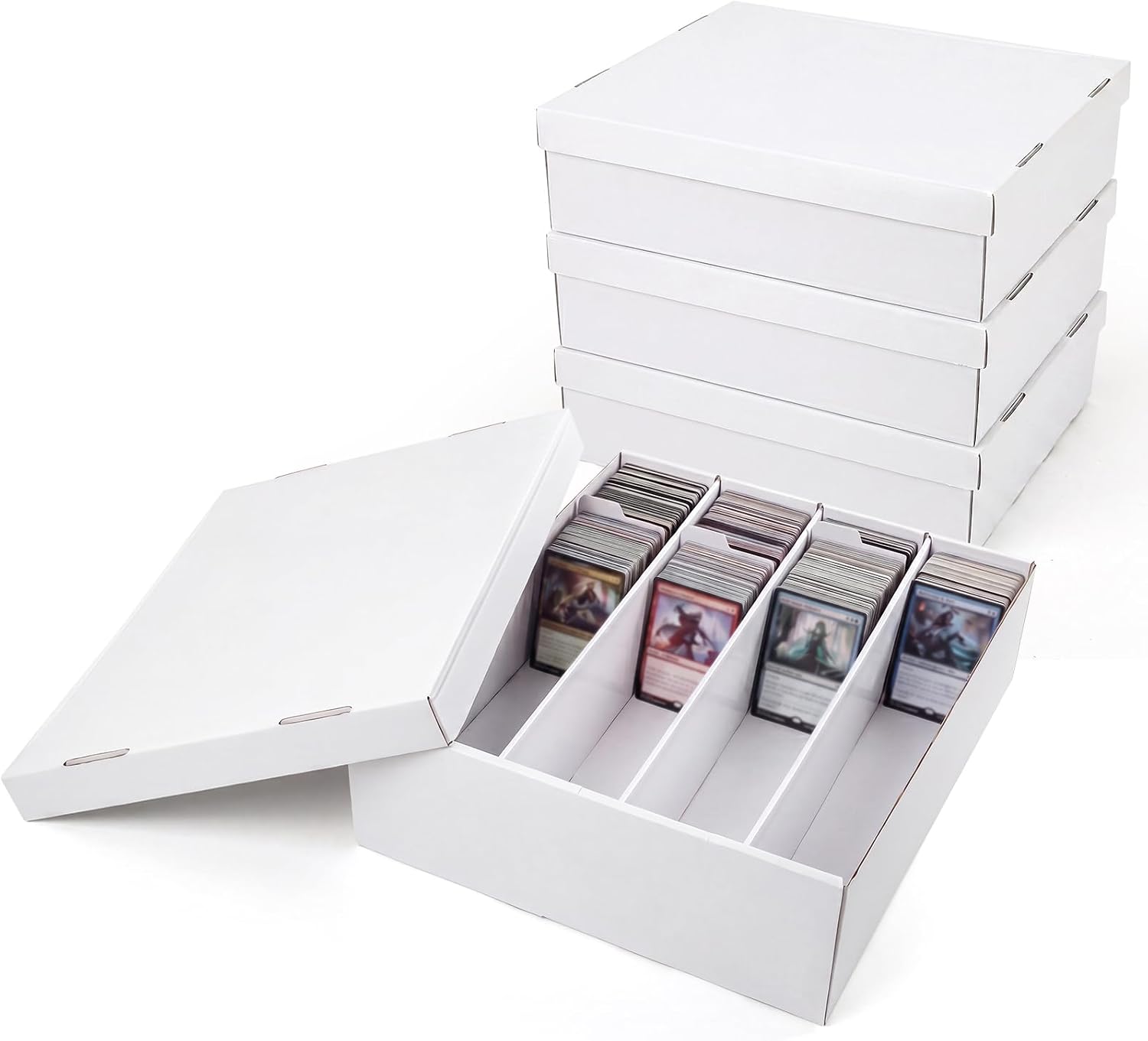 3200-Count Trading Cardboard Card Storage Boxes 4 Pack, 4 Row White Card Box with 64 Dividers, MTG, TCG Card Organizer