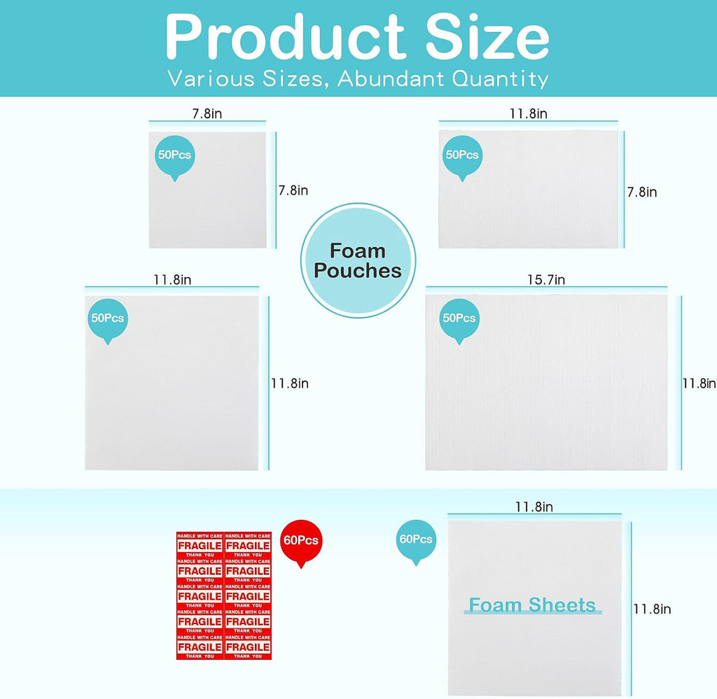 Thickened Packaging Foam Pouches and Sheets in 4 Sizes, 320 PCS with 60 Fragile Stickers, Dish Packing Supplies for