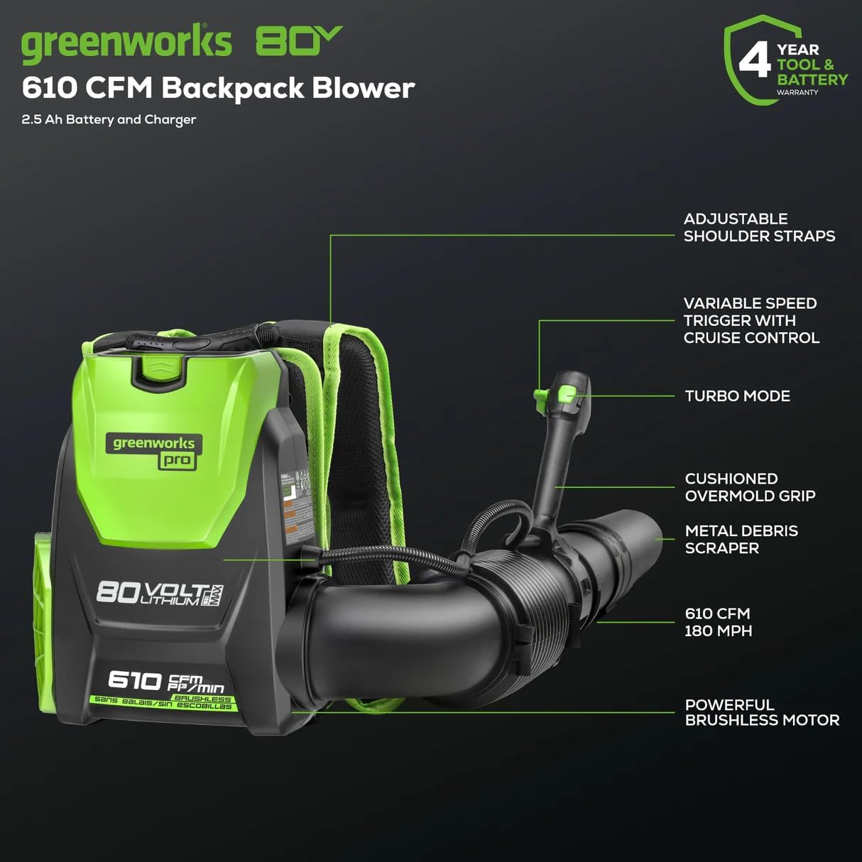 80V (180 MPH / 610 CFM / 75+ Compatible Tools) Cordless Brushless Backpack Blower, 2.5Ah Battery and Rapid Charger
