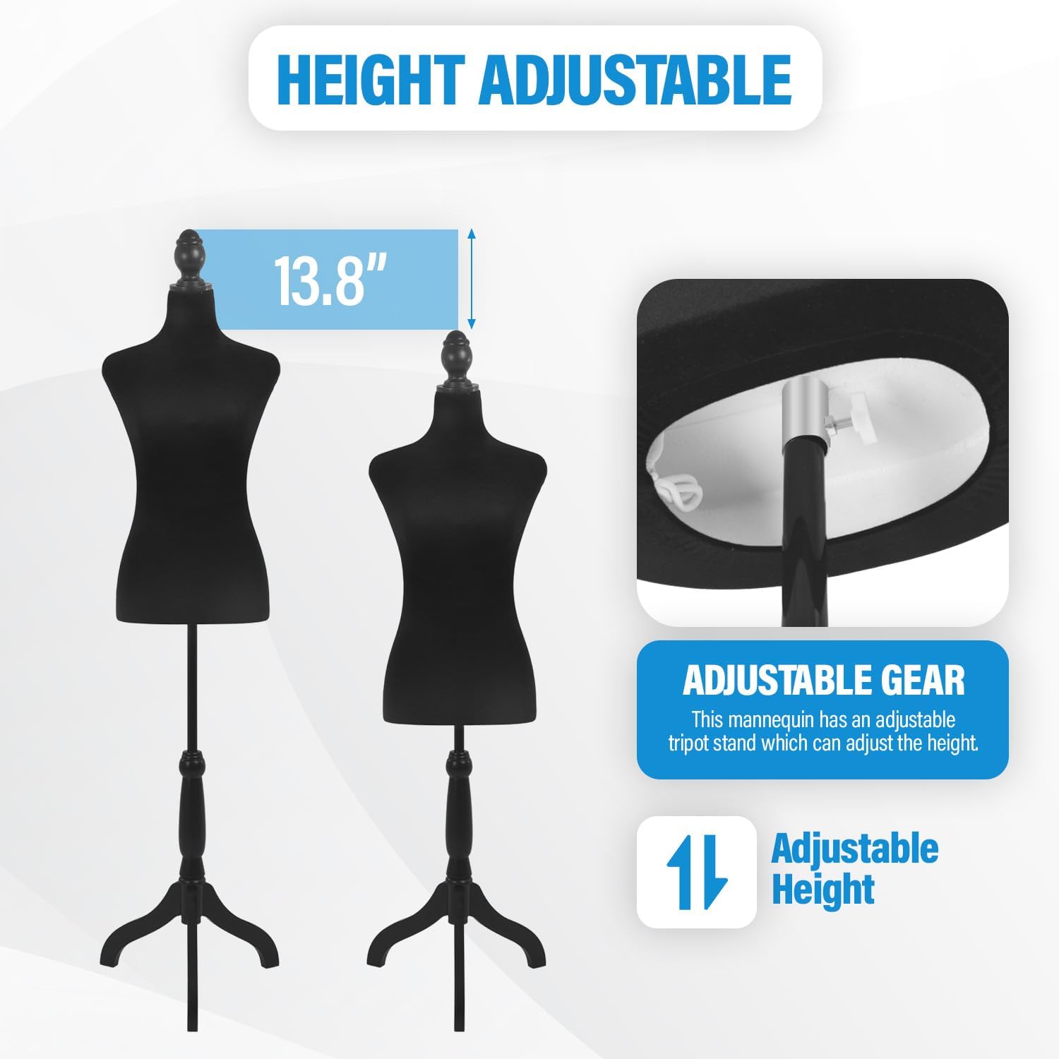 Female Mannequin Torso | Black | Height Adjustable Dress Form | 50"-63" | High-Density Foam with Wood Tripod Stand |