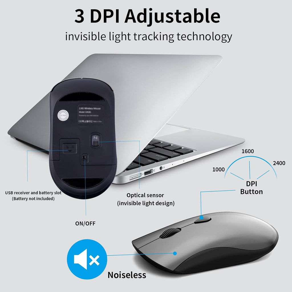 Slim Silent Full Size Wireless Keyboard Mouse Combo Space Grey | With calculator key, 2400 DPI quiet mouse, USB