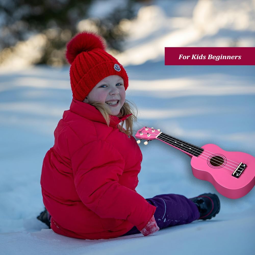 Soprano Ukulele Starter Kit For Beginners with Bag, Clip-On Tuner, Extra Strings, Strap, Plectrum, Fret Stickers