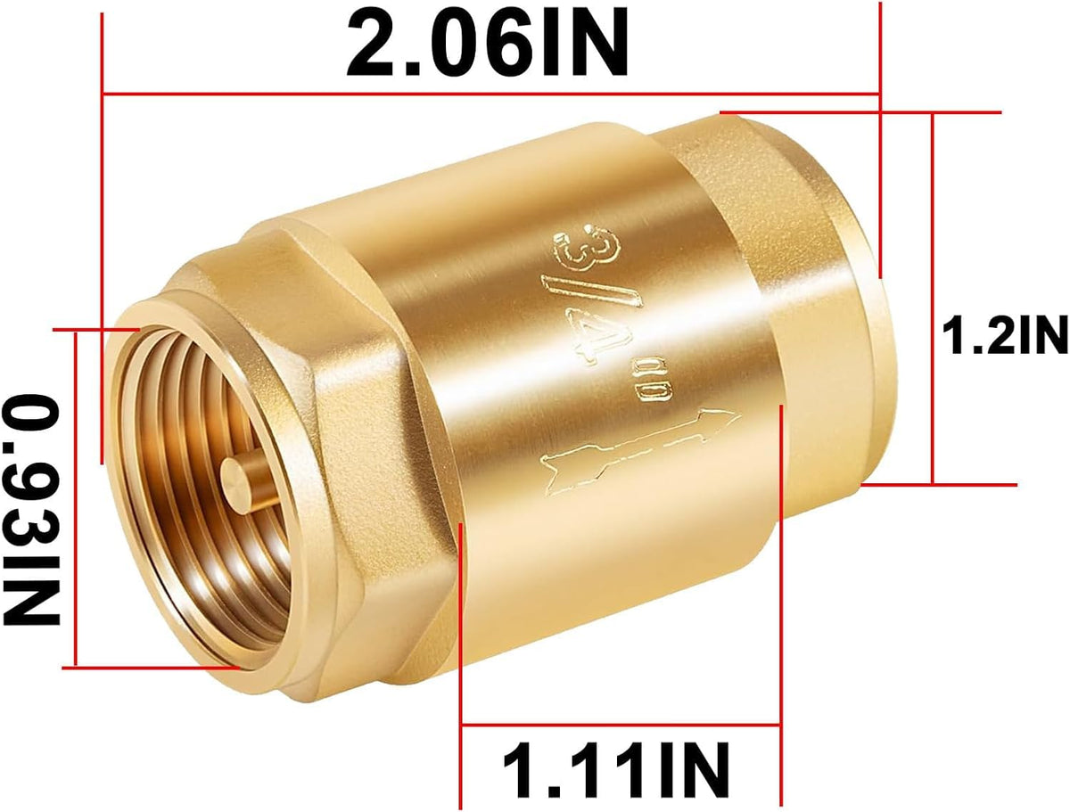2 Pcs 3/4 NPT Thread Spring Check Valve, Brass Non Return One Way Valve Horizontal Vertical Inline Water Spring Check Valve for Well, Pump, Tank, Backflow Prevention 2 Pack