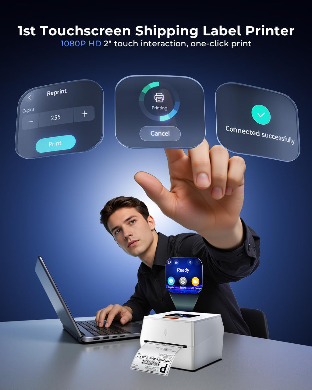 Thermal Label Printer with Touchable Screen, 4x6 Bluetooth Shipping Label Printer with Built-in Label Holder, D420D