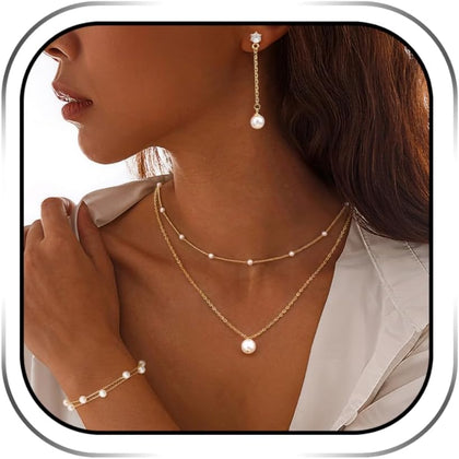Gold Jewelry Set for Women 14K Gold Plated Layered Pearl Choker Necklace and Drop Earrings Set Adjustable Bracelets