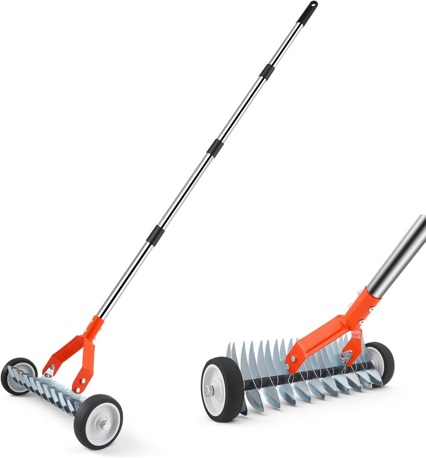 Thatch Rake with Wheels, 37-65.35'' Adjustable Dethatching Roller Rake Adjustable 0-12° Angle Stainless Steel Blades