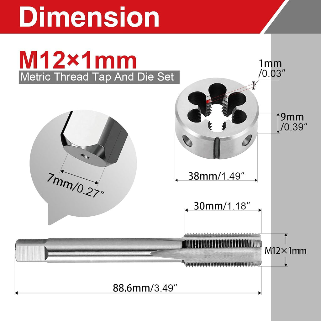 M12 x 1.0 Tap and Die Set, HSS M2, M12 Right Hand Thread Tap Die Set