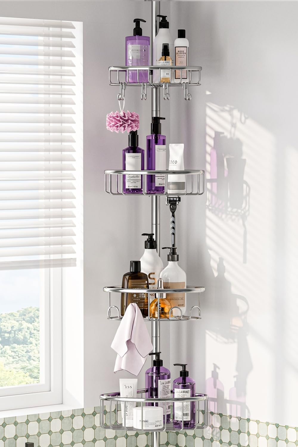Corner Shower Caddy Tension Pole: Stainless Steel Rustproof 4-Tier Shower Organizer - 47-121 inch Adjustable Bathroom