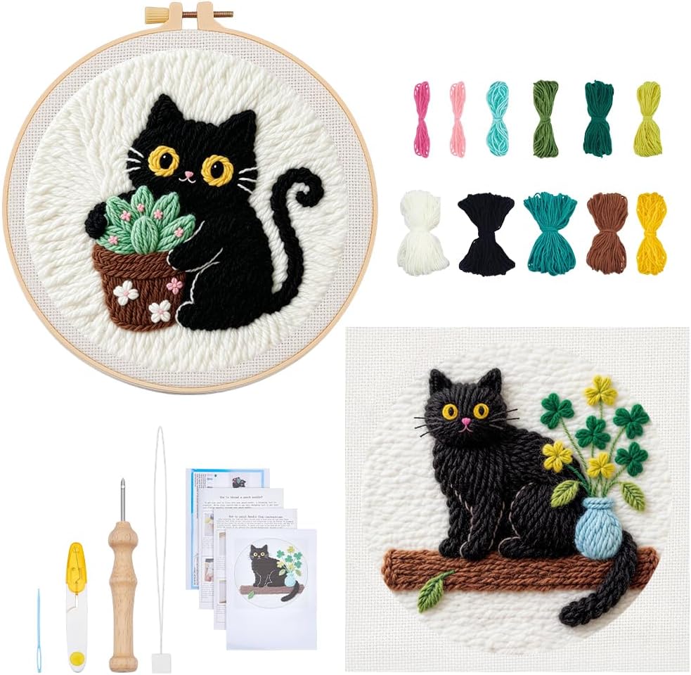 2PCS Cat Punch Needle Kit for Adults Beginners, Complete Craft Embroidery Needlepoint Kits with Hoop and