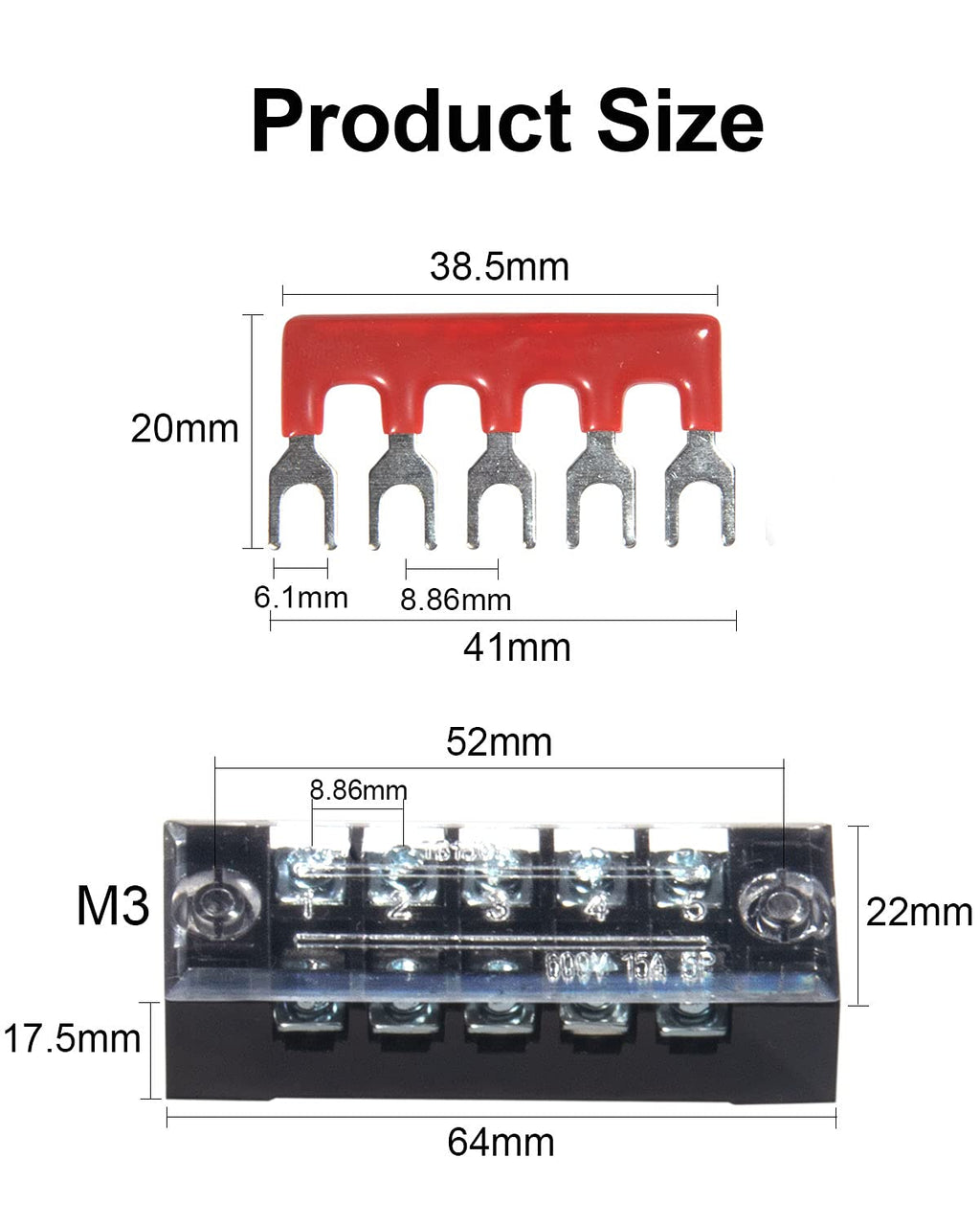 Terminal Block, 5 Circuits 600V 15A Dual Row Screw Terminal Strip, 5 Sets