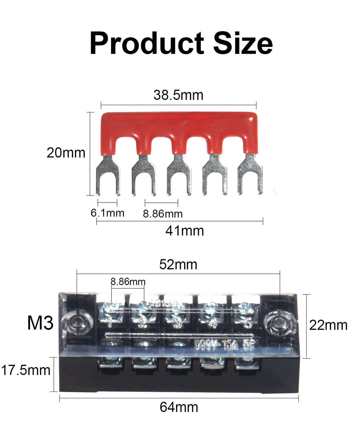 Terminal Block, 5 Circuits 600V 15A Dual Row Screw Terminal Strip, 5 Sets