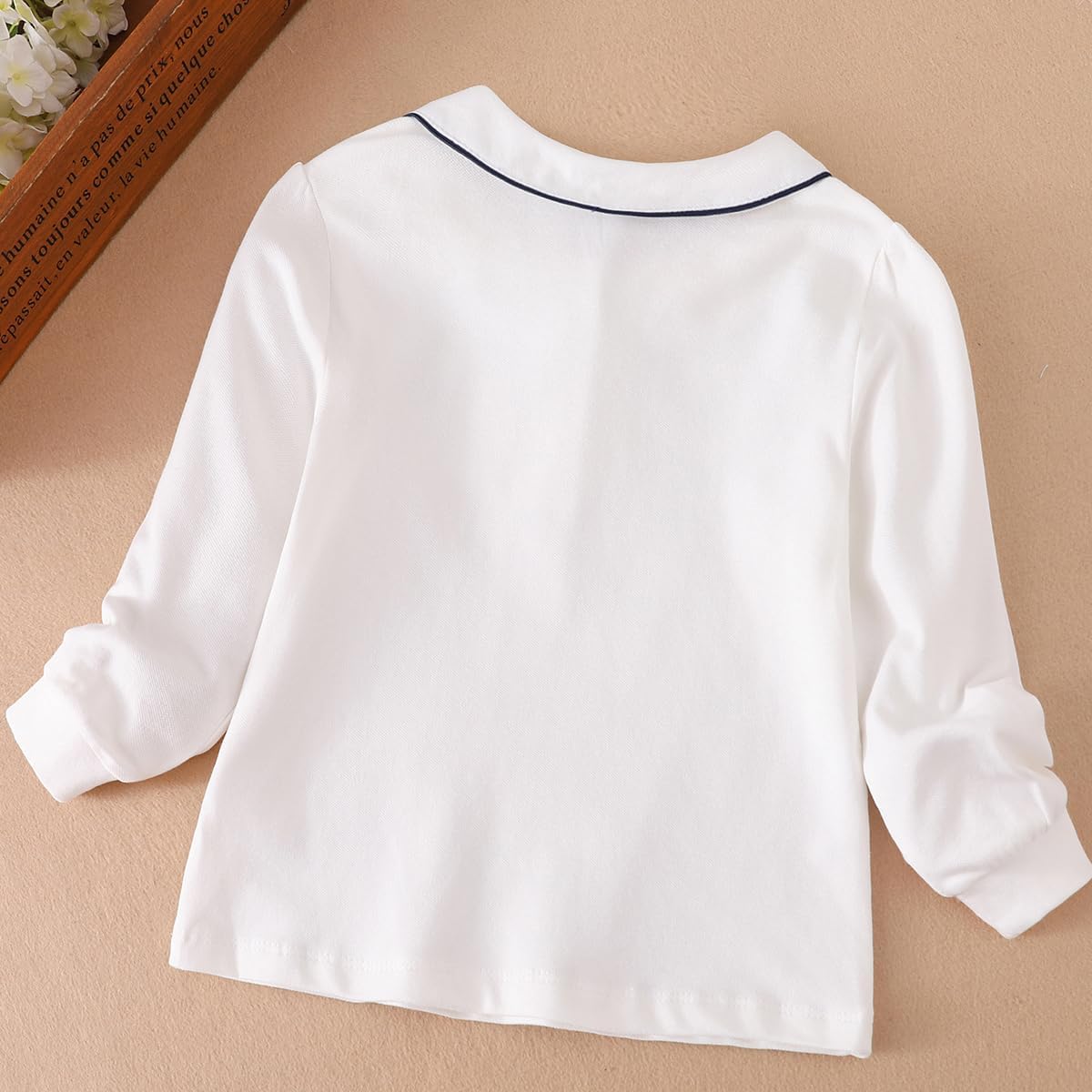 Girls White Long Sleeve Polo Shirt, Peter Pan Collar with Navy Bow Detail, Preppy Top for Toddler Little Girl 2T-7 Years