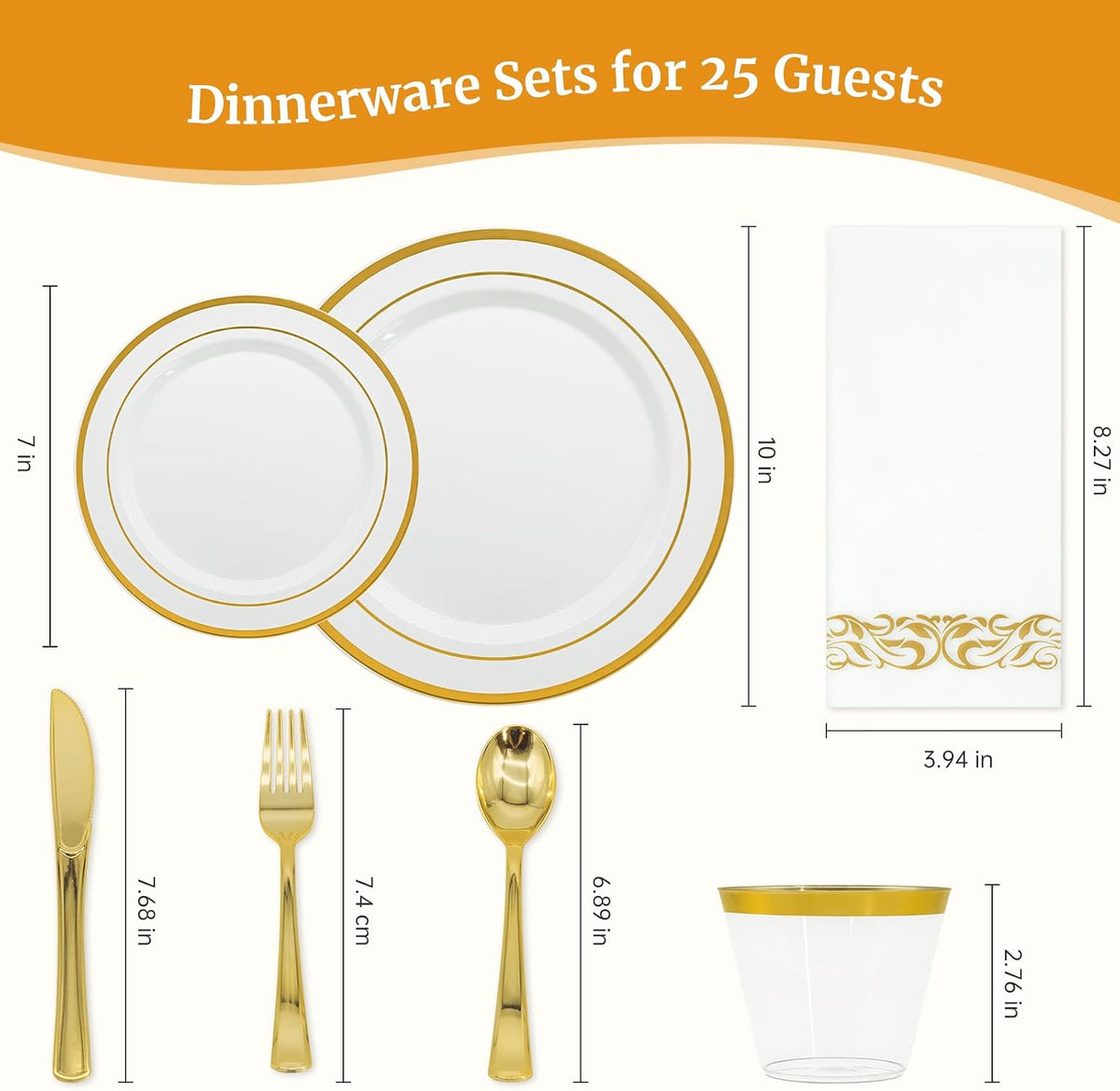 Gold White Plastic Plates Set, 175PCS Disposable Dinnerware for 25