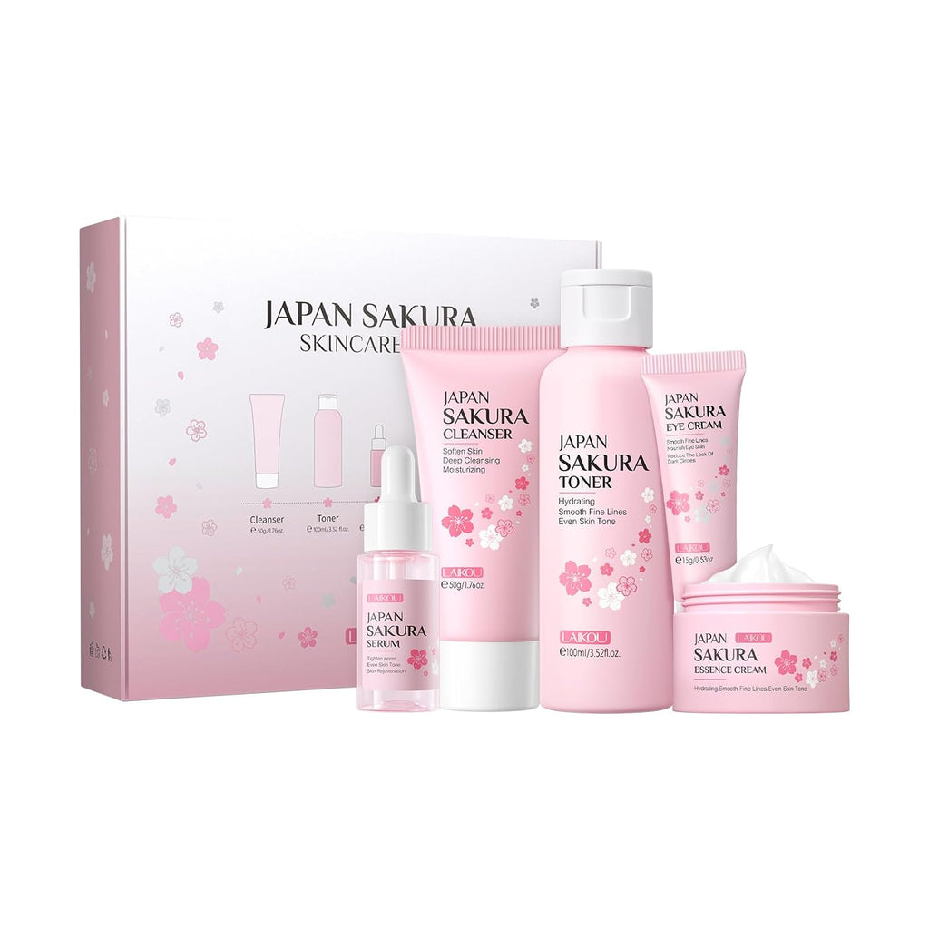 Skin Care Set JAPAN SAKURA Women Beauty Gift Sets Skin Care Kit with Cleanser, Toner, Serum, Eye Cream, Face Cream