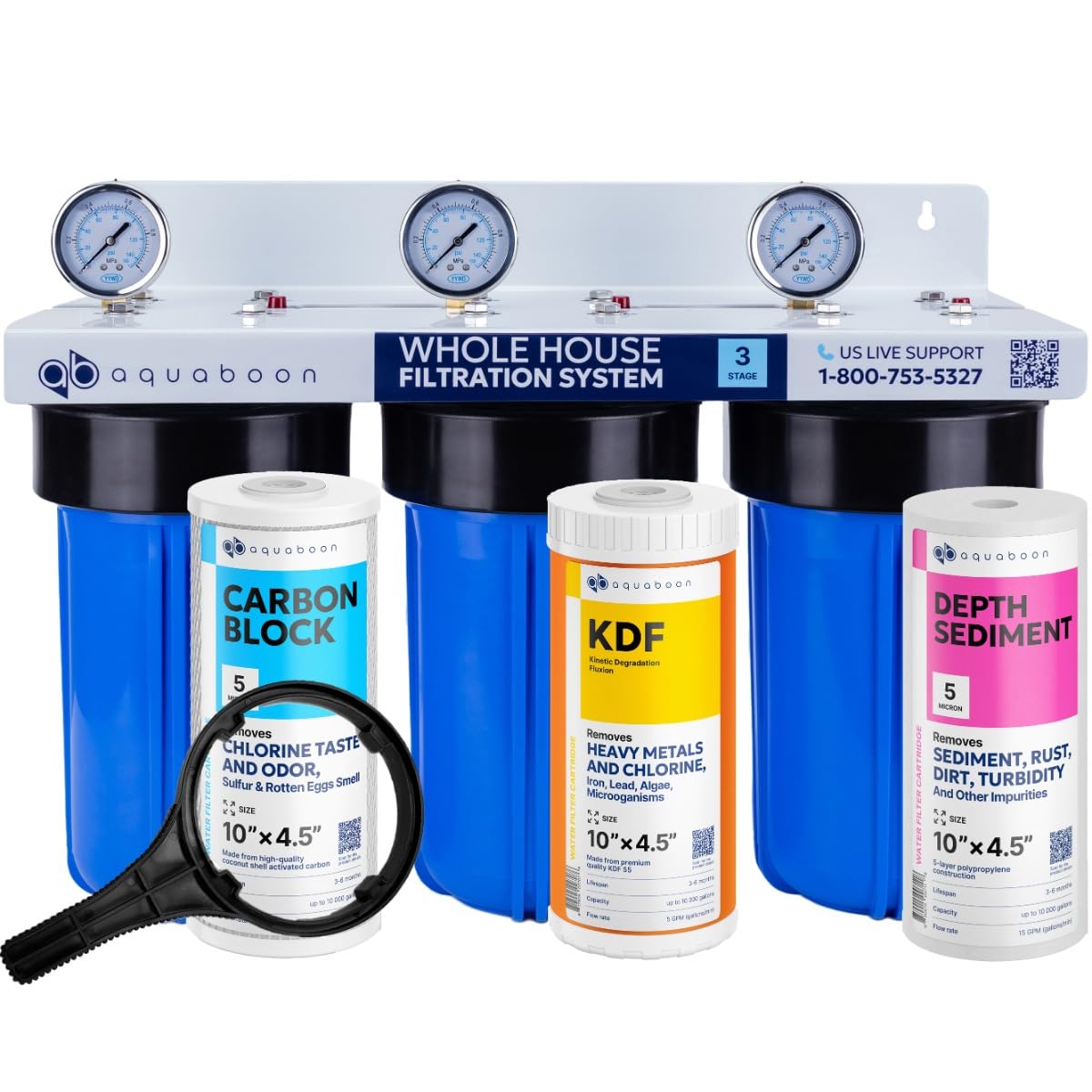 3-Stage Whole House Water Filtration System with 5 Micron 10x4.5 Reducing Sediment, KDF Heavy Metals and Carbon