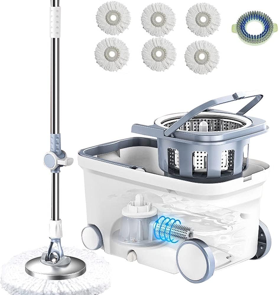 Spin Mop Bucket Deluxe 360 Spinning Floor Cleaning System with 6 Microfiber Replacement Head Refills,62" Extended