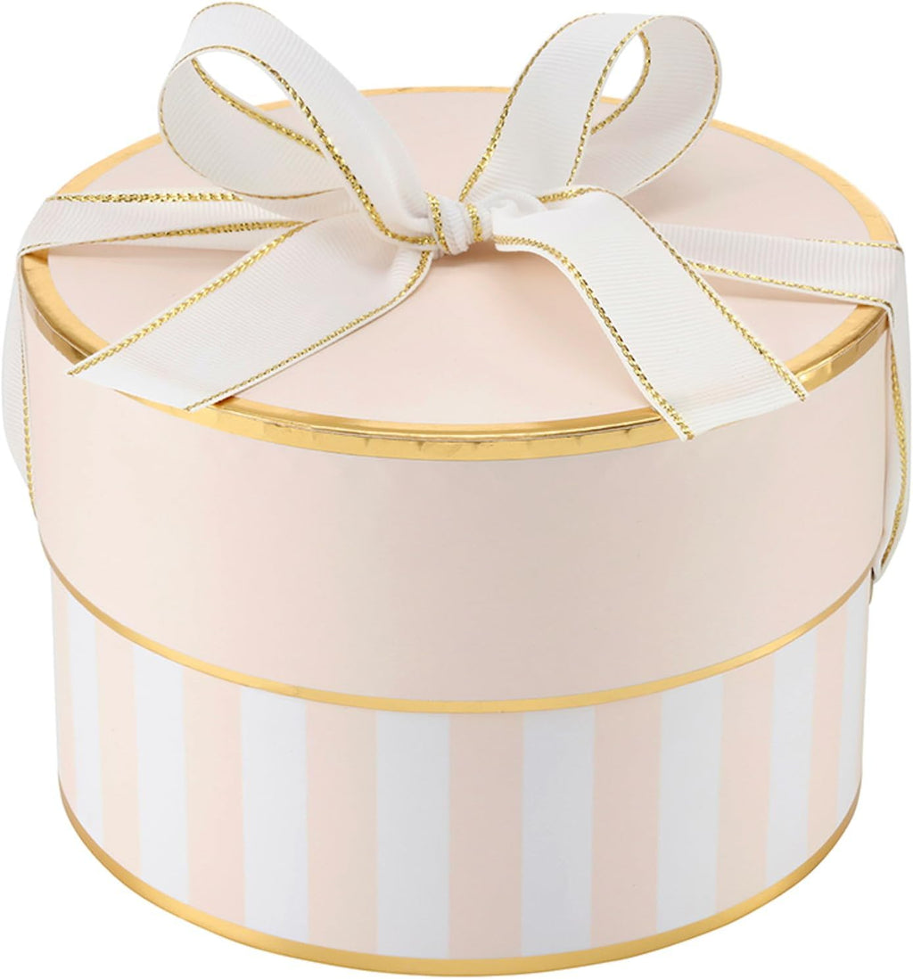Gift Wrap Co. Nested Gift Box 2-Piece Set Round Designer Boxes with Lids, Large and Small, Pink Stripes