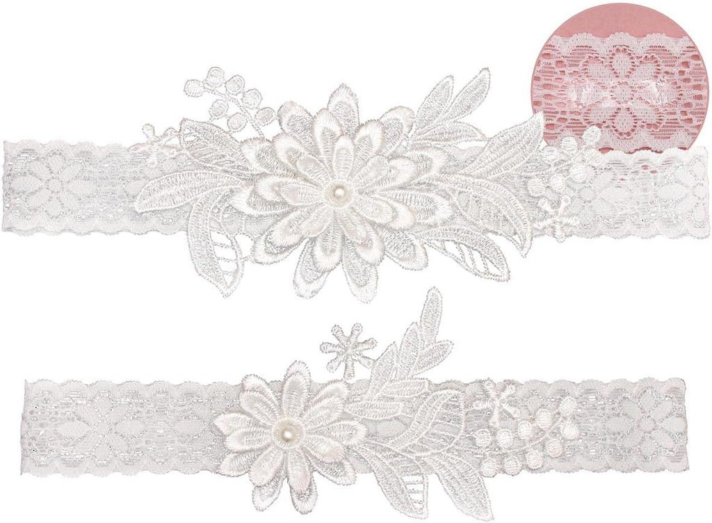 White Wedding Garters for Bride, Non Slip Silicone Lace Bridal Garters Set with Pearls Plus Size