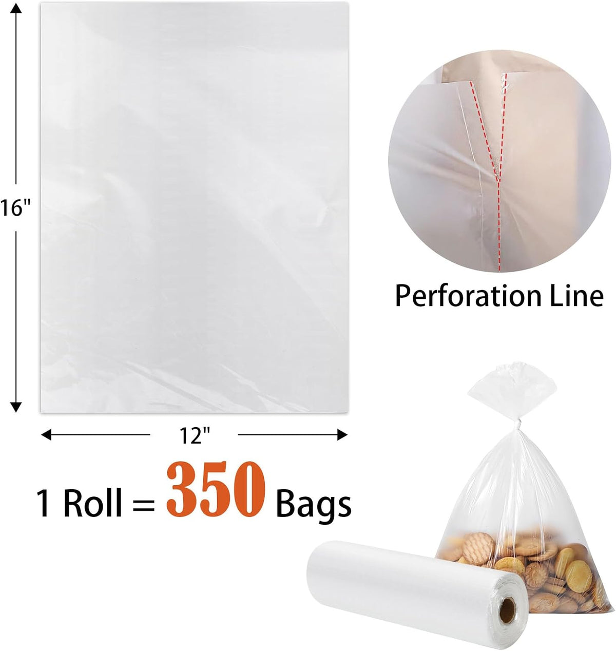 12" x 16" Clear Plastic Produce Bag on a Roll, Food Storage Bags
