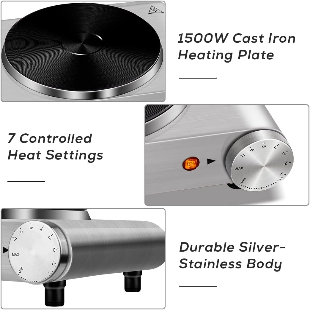 Hot Plate, CUSIMAX Electric Burner 1500W Single Burner for Cooking, Silver